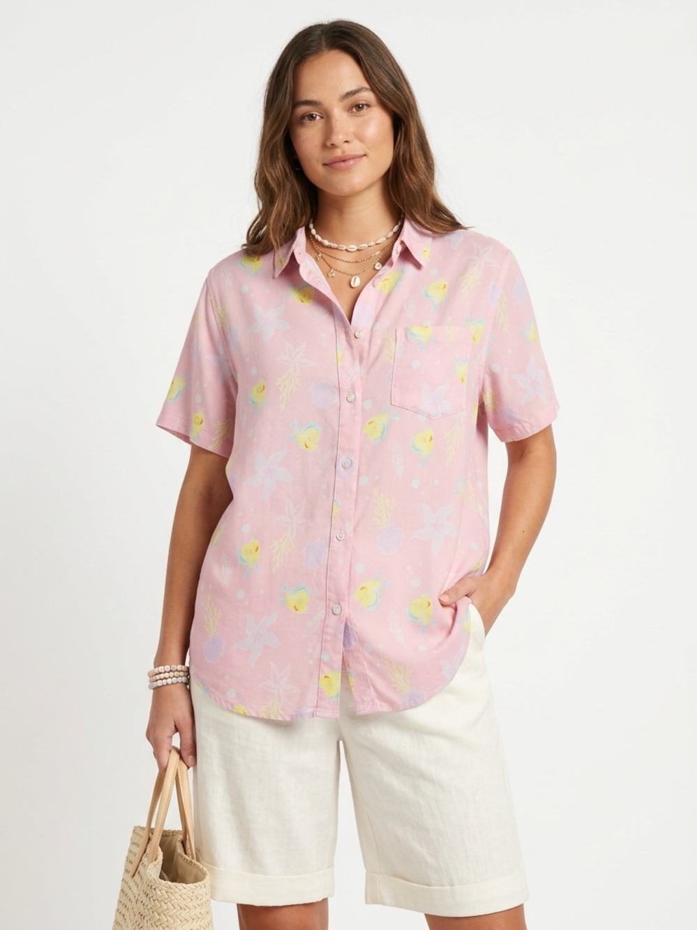 Disney Flounder Camp Shirt The Little Mermaid Viscose Pink L
